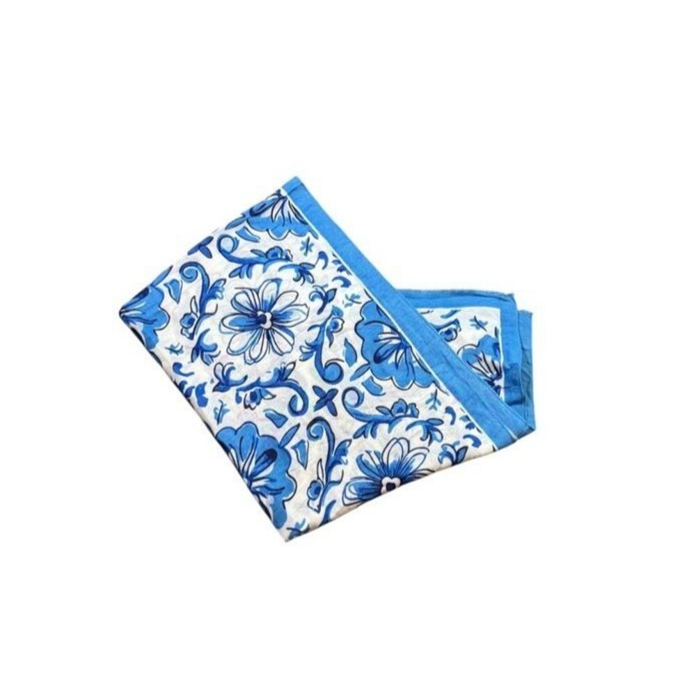 La Seine Scarf Blue White Wool Blend Shawl Wrap Head Cover Floral Boho Cottage